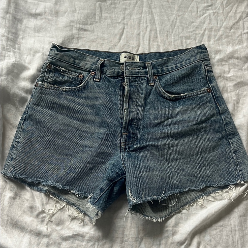 Agolde Blue Denim Frayed Shorts
